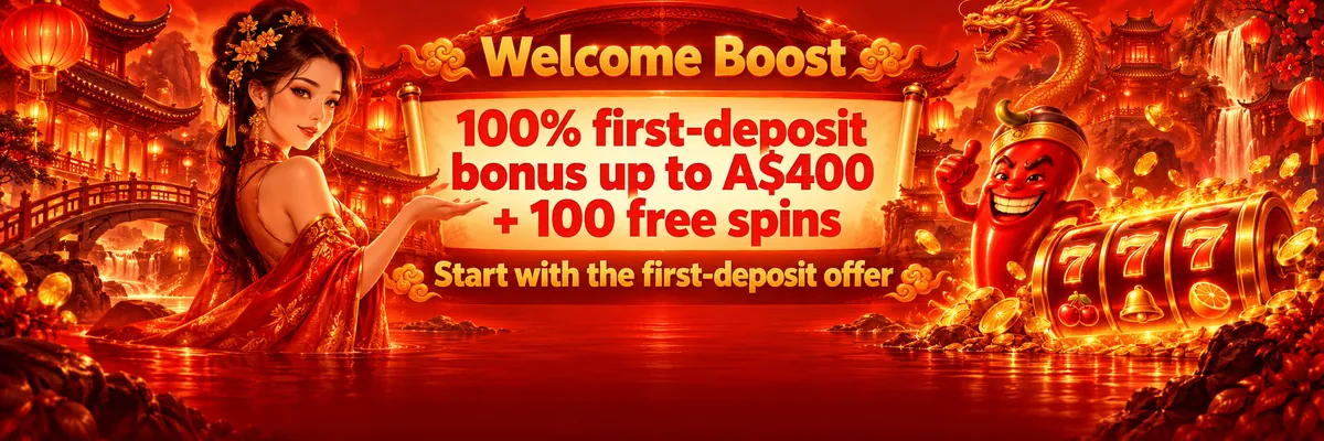 Elegant casino woman beside a glowing slot machine, orange flames and floating lanterns promoting a 100% first-deposit bonus up to A$400 with 100 free spins